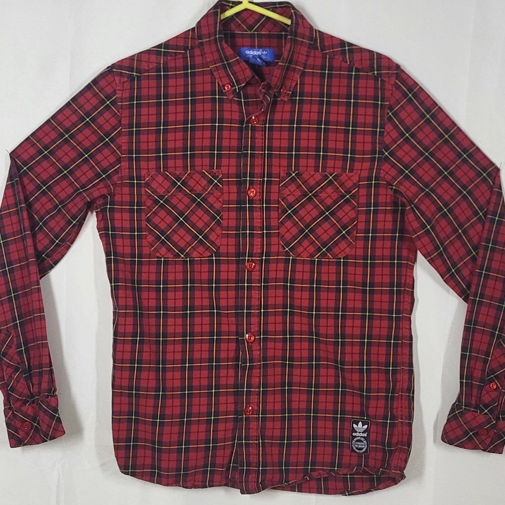 adidas Red and Black Plaid Button-Down Shirt, Pockets